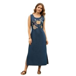 LG Vintage Dress Denim Floral Embroidered Jean  Sleeveless Maxi jumper Modest